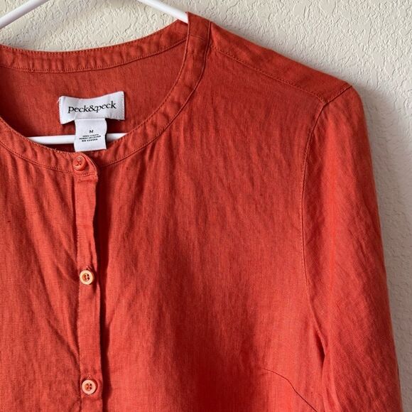 Peck & Peck Collarless 100% Linen Button-Down Top Shirt M Boho Coastal Lagenlook - Picture 5 of 6